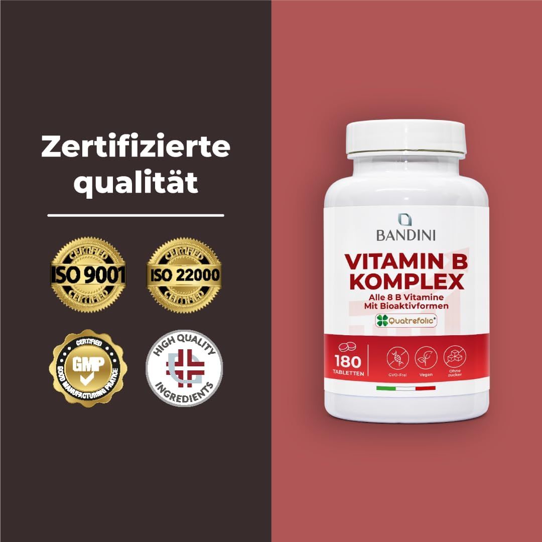 Weiße Flasche Bandini Vitamin B Komplex Tabletten. Text: Zertifizierte Qualität. ISO 9001, ISO 22000, GMP, High Quality Ingredients.