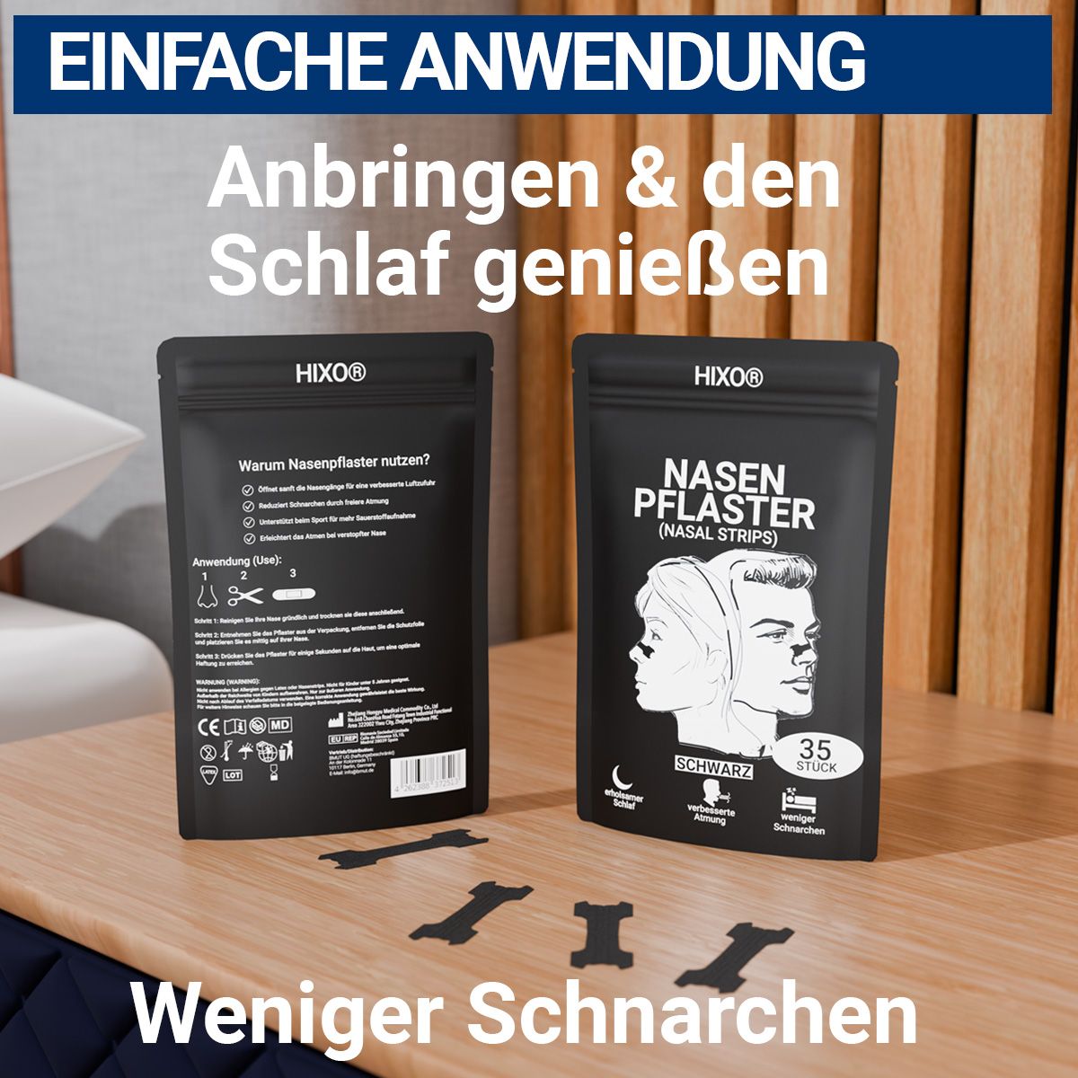 Zwei schwarze Verpackungen mit Nasenpflastern. Text: HIXO, Nasenpflaster, 35 Stück. Illustration von Gesichtern. Weniger Schnarchen. Einige Pflaster liegen daneben.