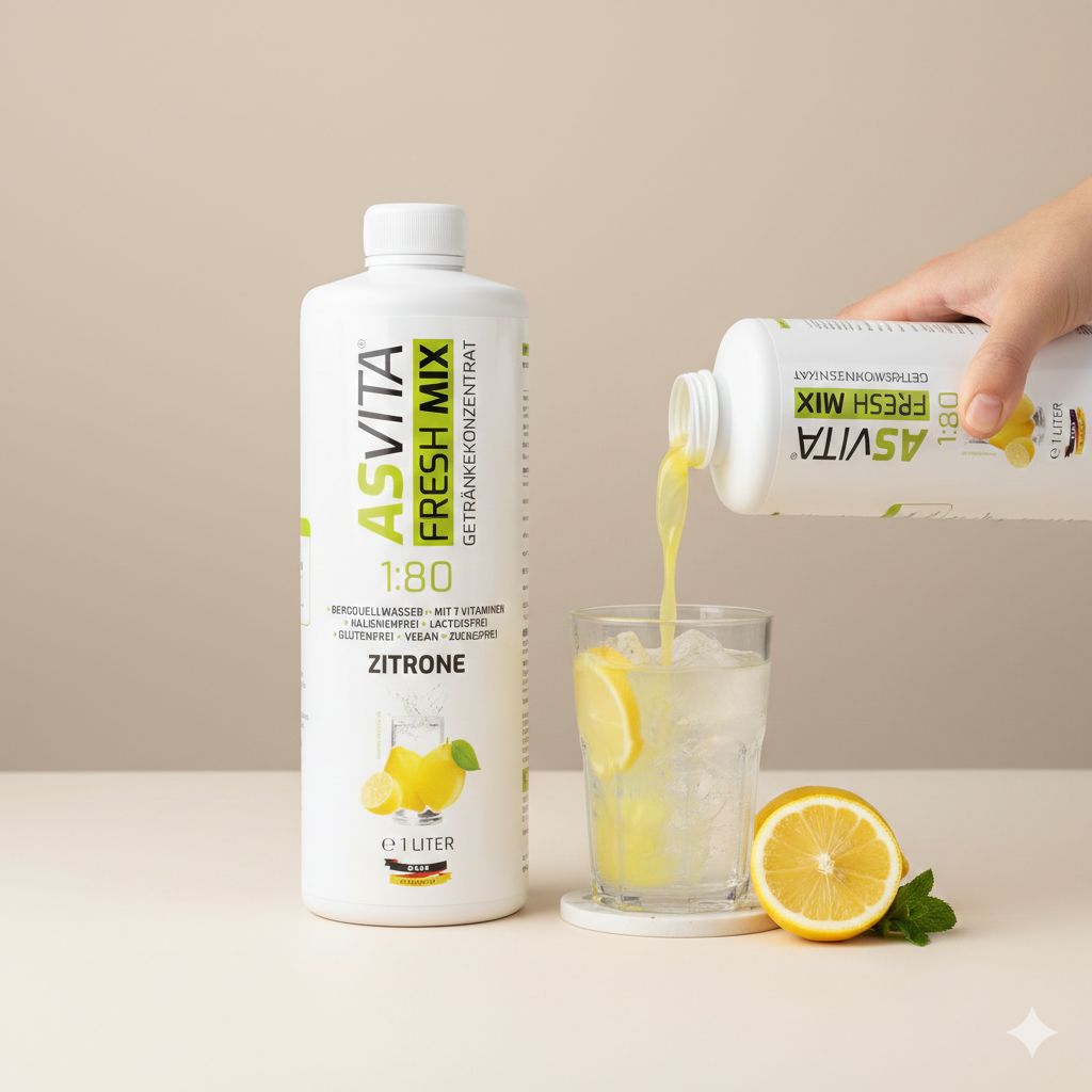 ASVita Fresh Mix Zitrone Getränkekonzentrat 1 Liter Flasche, wird in ein Glas mit Eis und Zitrone gegossen.