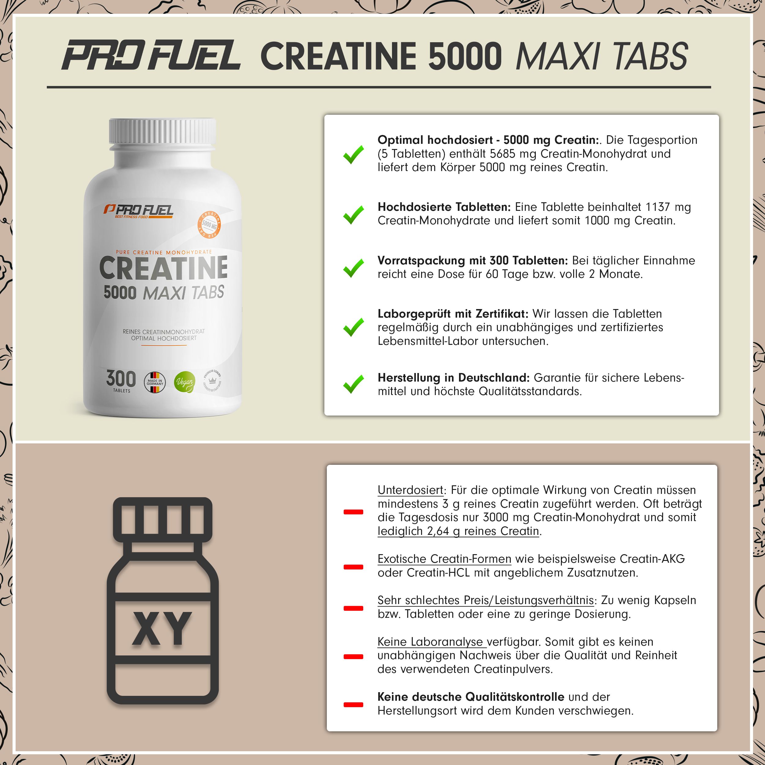 ProFuel Creatine 5000 Maxi Tabs: Flasche mit 300 Tabletten. Hohe Dosierung, laborgeprüft, hergestellt in Deutschland.