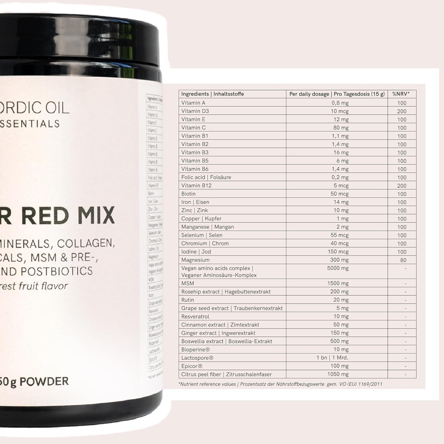 Behälter mit "Nordic Oil Essentials Super Red Mix" und Nährwerttabelle. Enthält Vitamine, Mineralien, MSM, etc. Pro Tagesdosis (15g) und %NRV.
