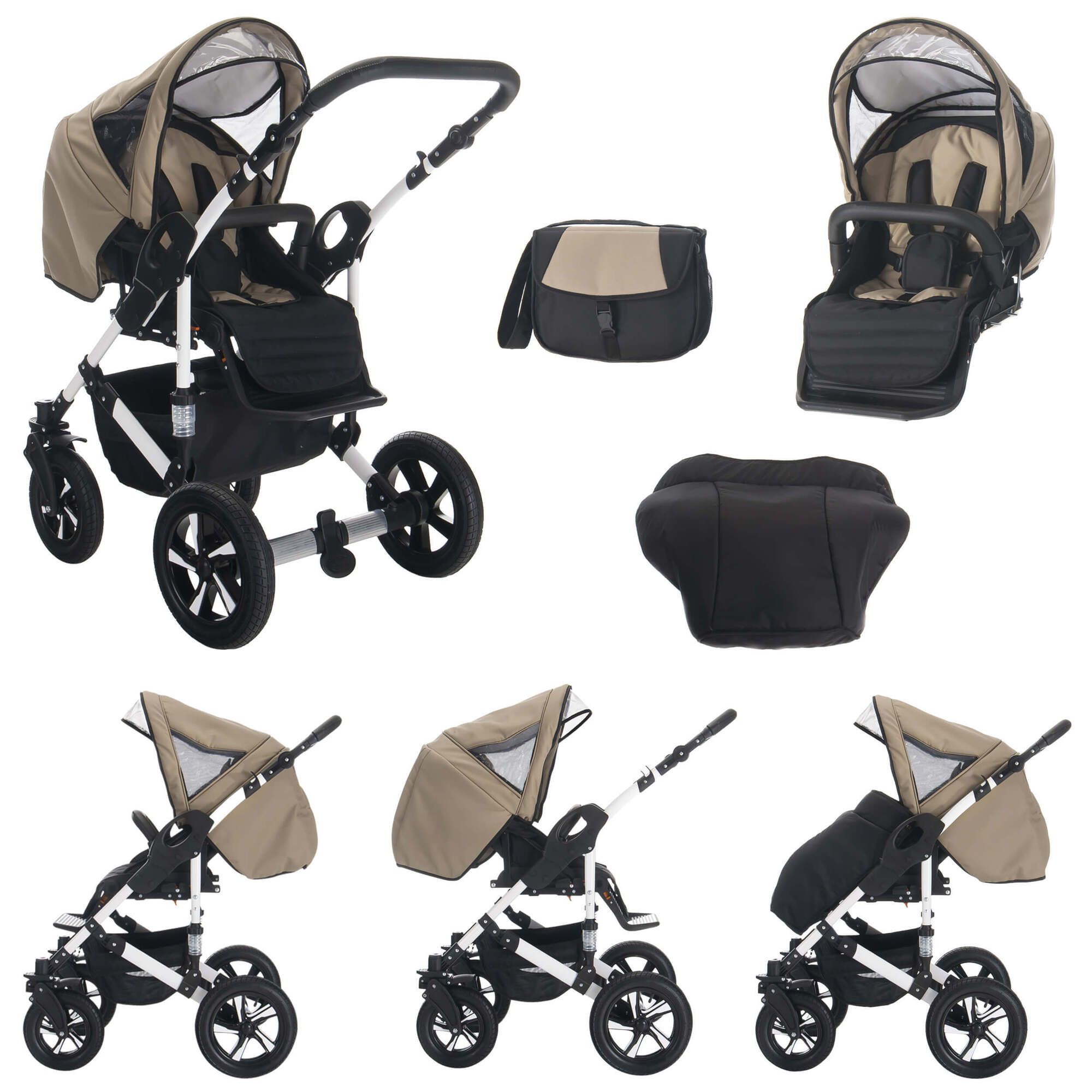 Kinderwagen-Set in Flotaupe mit Hartgummireifen. Enthält Sportsitz, Zubehör und Wickeltasche. Schwarz-weißes Gestell.