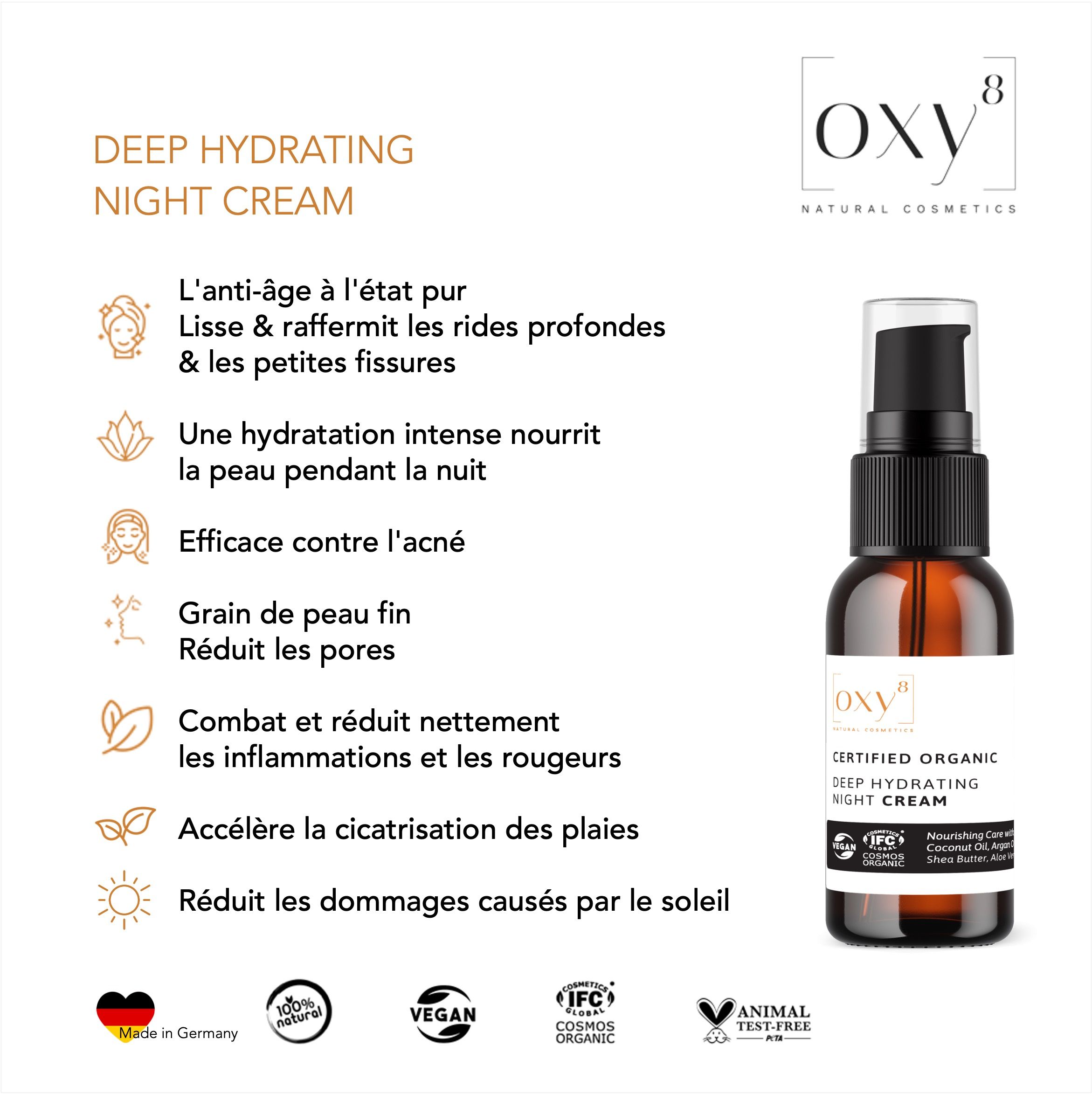 Image du produit avec texte: Deep Hydrating Night Cream. Avantages: anti-âge, hydratation intense, contre l'acné, peau fine.