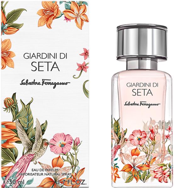 Parfümflakon und Verpackung. Aufschrift Giardini di Seta, Salvatore Ferragamo. Blumendekor mit Vogel. 50 ml.