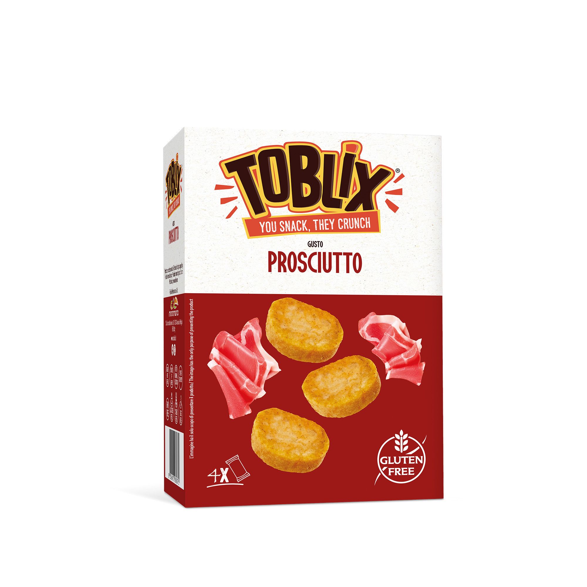Confezione di Toblix Prosciutto. Scritta "YOU SNACK, THEY CRUNCH" e "Prosciutto". Simbolo senza glutine. Prosciutto e snack visibili.