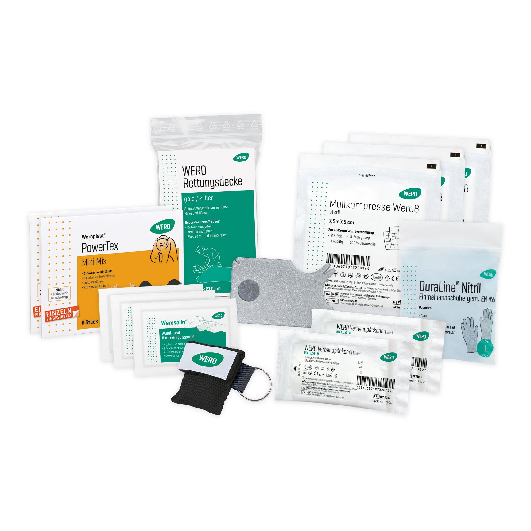 Erste-Hilfe-Set mit verschiedenen Komponenten. Enthält Verbandsmaterial, Kompressen, Handschuhe, Rettungsdecke und weitere Artikel.