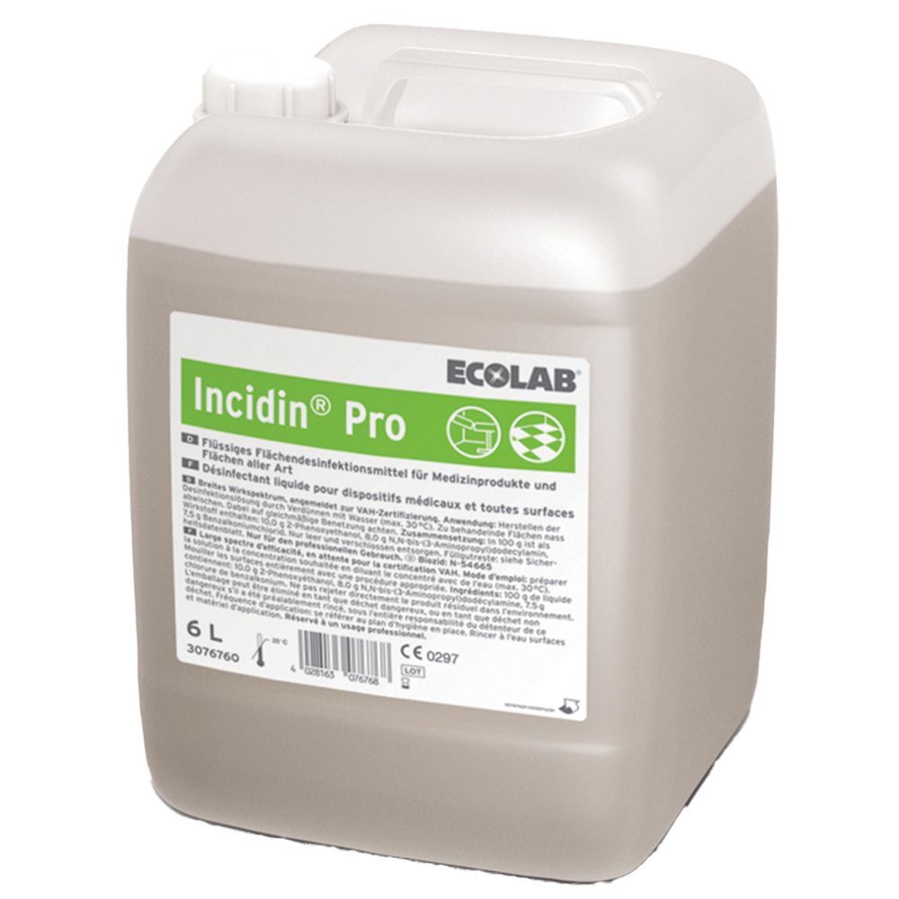 Kanister mit Incidin® Pro-Etikett. 6L-Behälter, weißer Griff, graue Flüssigkeit. Ecolab-Logo.