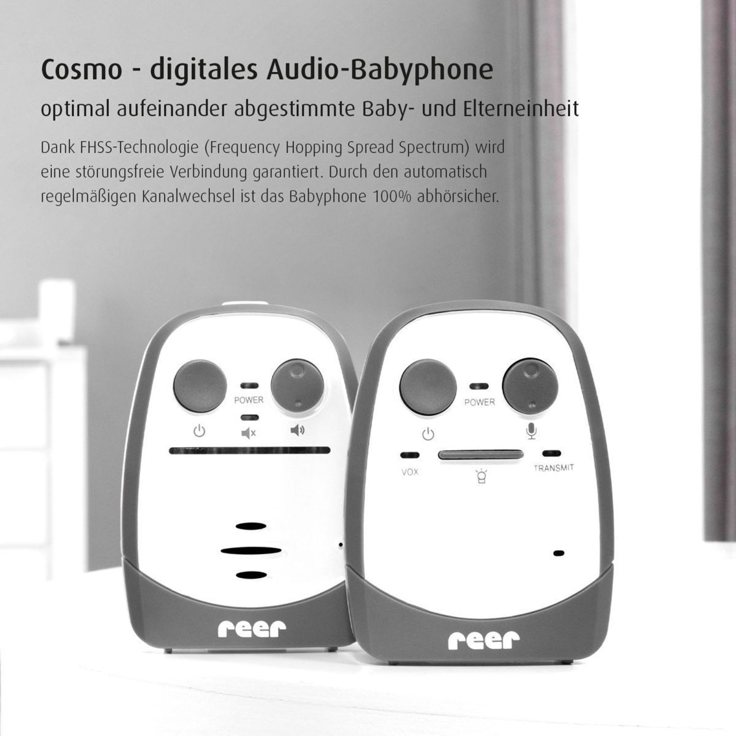 Reer Cosmo digitales Audio-Babyphone: Babyeinheit und Elterneinheit.