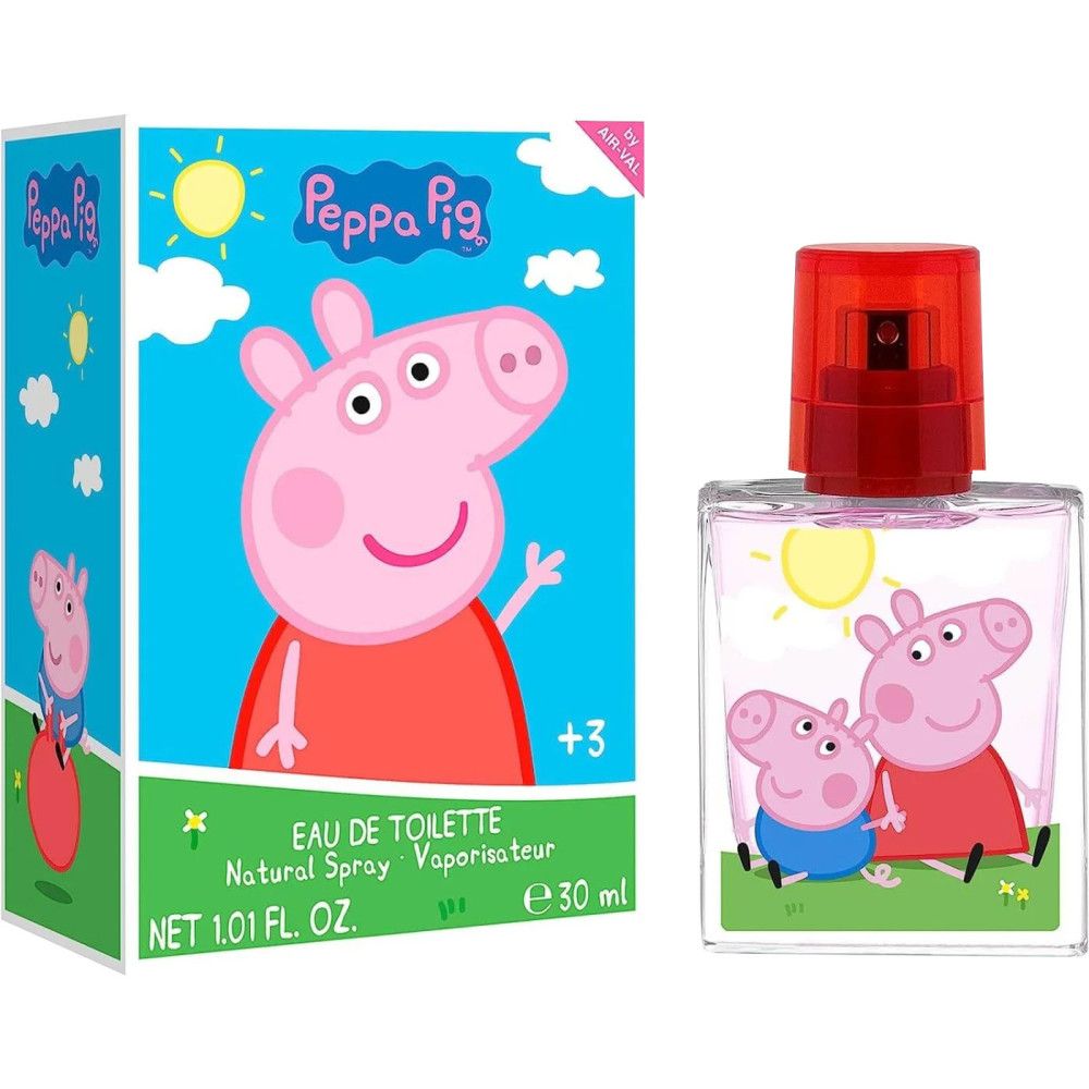 Eau de Toilette mit Peppa Pig-Motiv und Verpackung. Flakon mit rotem Sprühkopf, 30 ml. Aufdruck mit Peppa Pig und Familie.