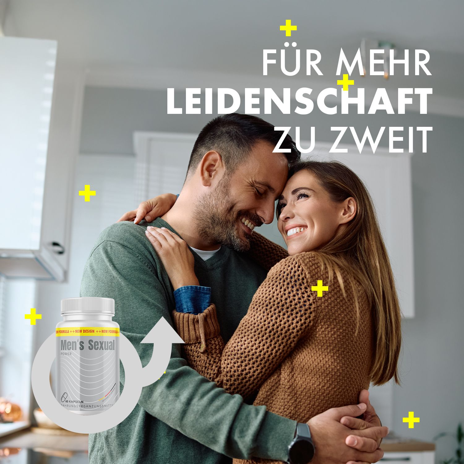Paar umarmt sich, neben ihnen Dose Men's Sexual Power. Text: Für mehr Leidenschaft zu zweit.
