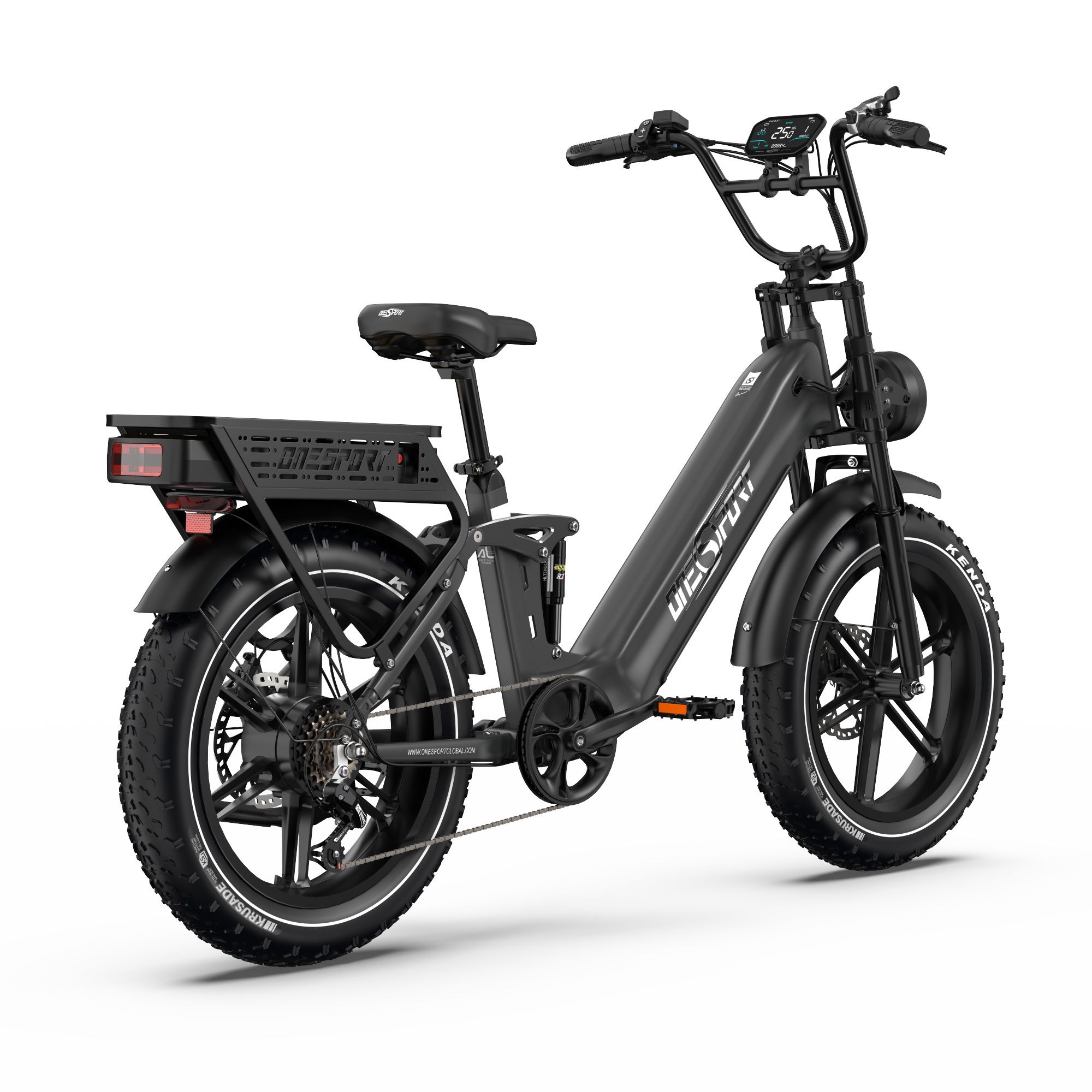 Schwarzes E-Bike, Heckansicht. Breitreifen, Gepäckträger. Auf dem Rahmen steht "UEOFURI".