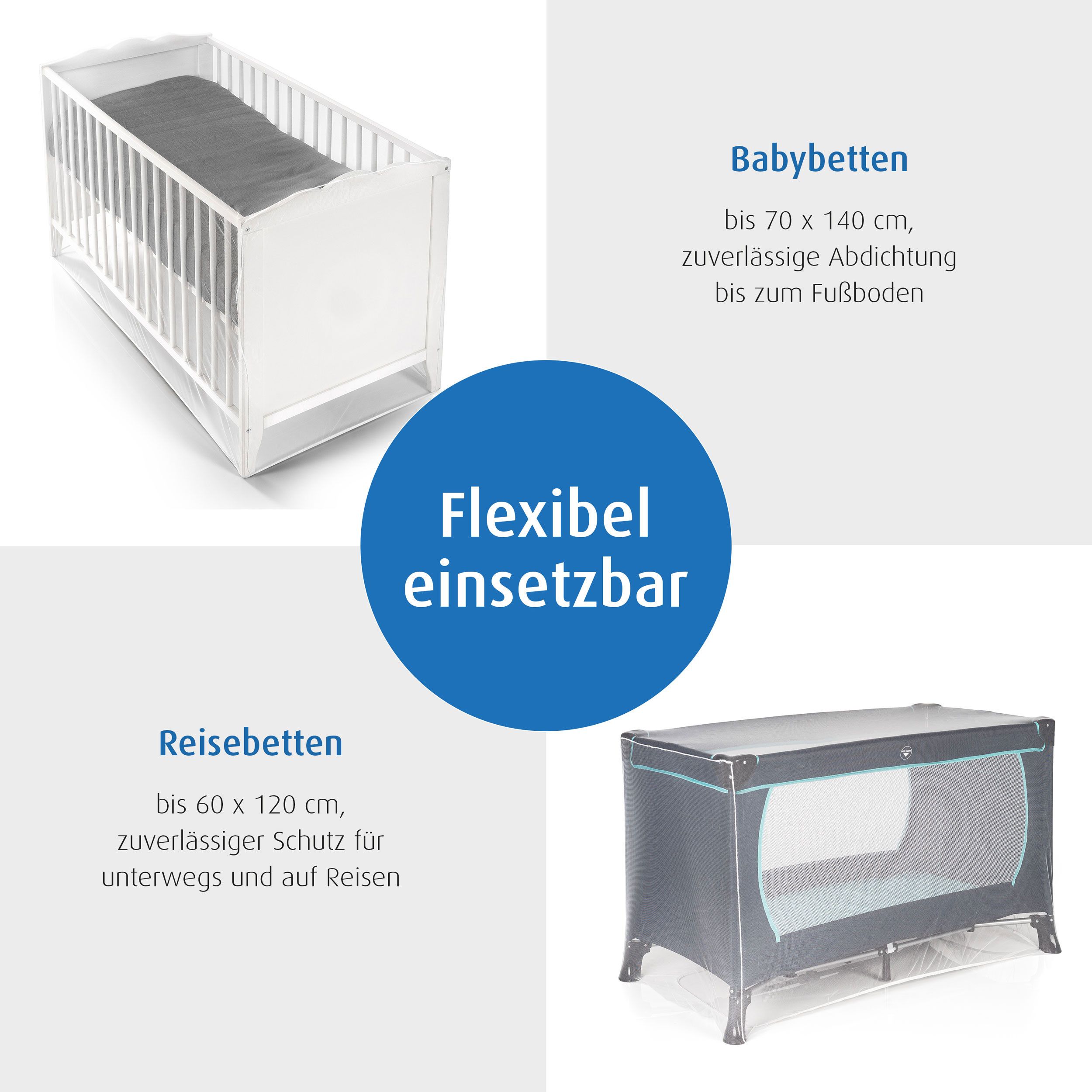 Drei Betten mit Netzen. Babybett, Reisebett und graues Bett. Text: Flexibel einsetzbar.