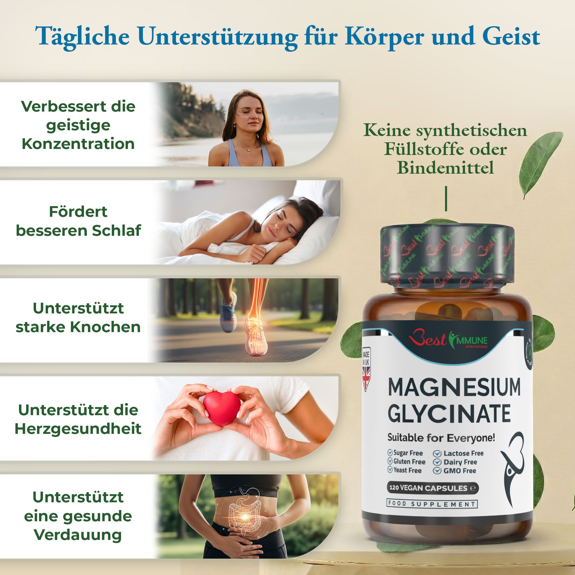 Magnesiumglycinat unterstützt Konzentration, Schlaf, Knochen, Herz und Verdauung. Keine synthetischen Füllstoffe.