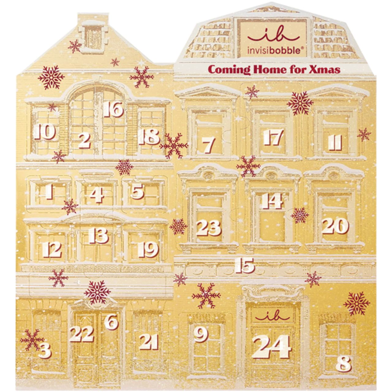 Adventskalender in Hausform mit Zahlen und Schneeflocken. Oben steht "invisibobble" und "Coming Home for Xmas".