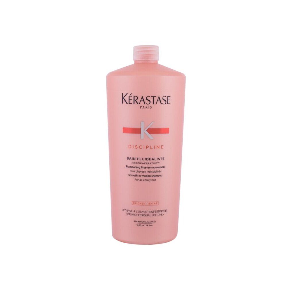 Rosa Shampoo-Flasche mit Kérastase-Logo und Schriftzug Discipline Bain Fluidealiste. Text: Für alle Haartypen.