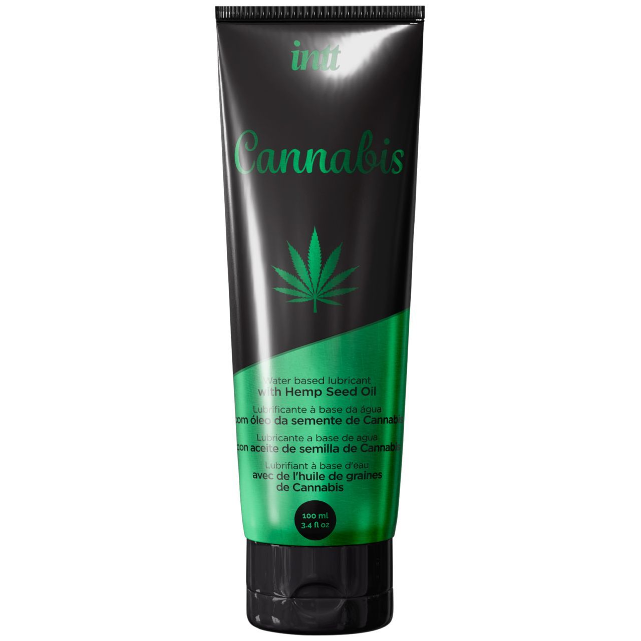 Schwarze Tube mit grünem Cannabis-Logo. Text: Cannabis, Wasserbasiertes Gleitmittel mit Hanfsamenöl. 100 ml.