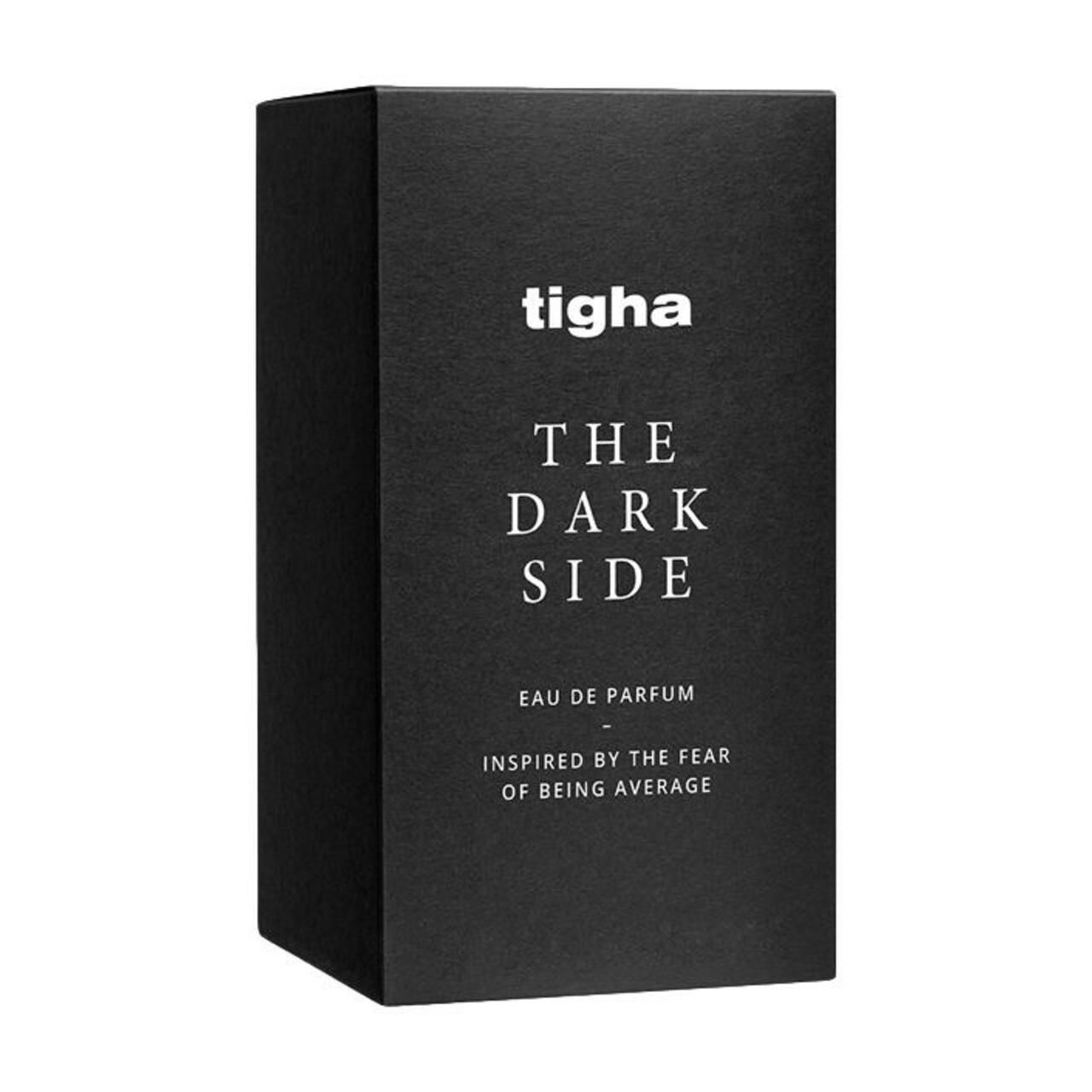 Schwarze Verpackung von tigha, The Dark Side EdP. Text auf der Verpackung.