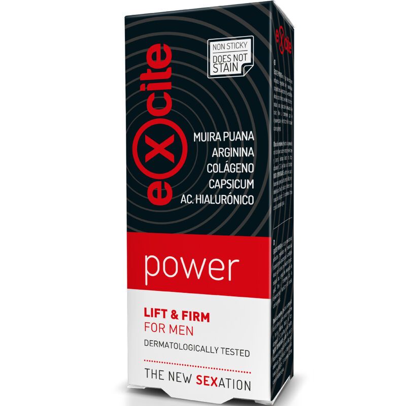 Verpackung von Excite Power. Schwarzer Hintergrund mit roter Schrift. Enthält Inhaltsstoffe wie Arginin und Capsicum. "Lift & Firm for Men".