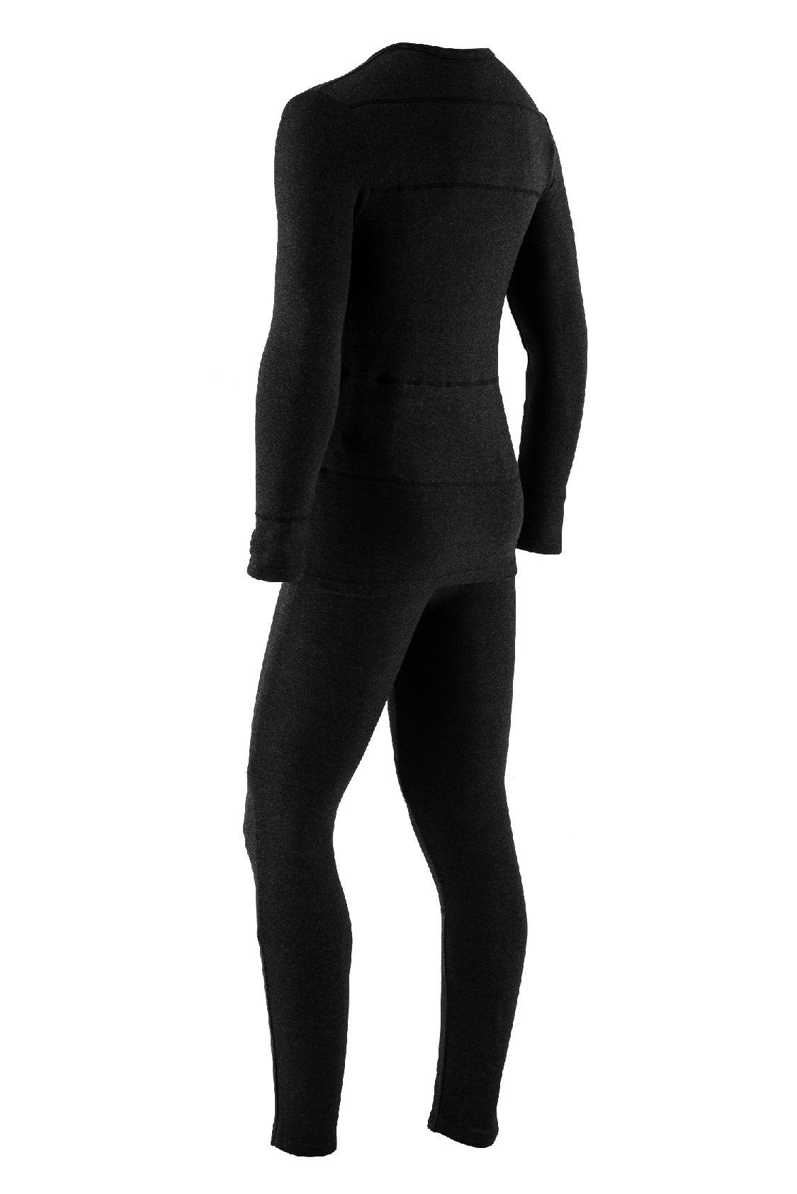 Rückansicht des schwarzen, zweiteiligen Thermo-Unterwäsche-Sets. Langärmliges Oberteil und lange Hose. Material mit sichtbarer Textur.