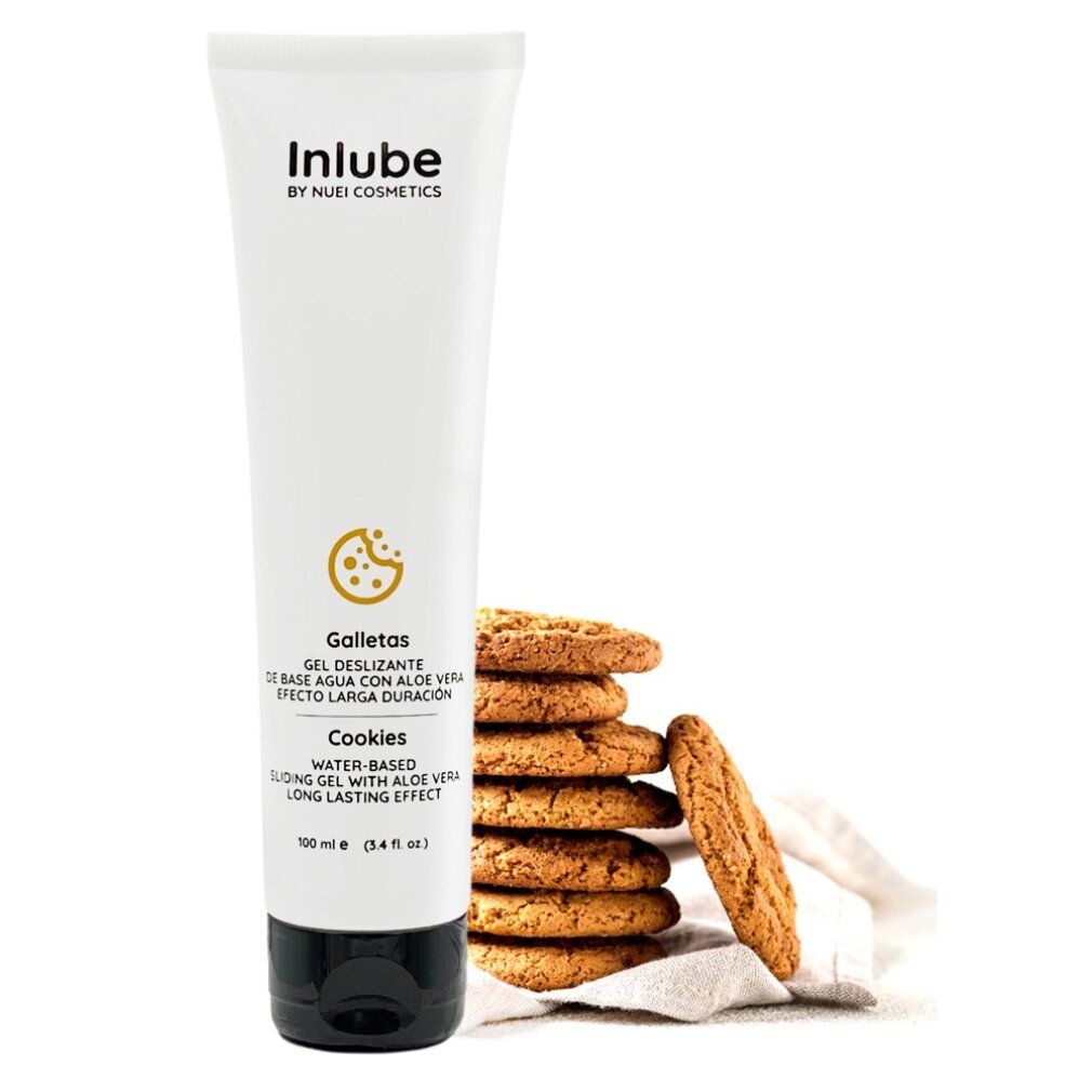 Weißes Tube mit schwarzem Verschluss. Aufschrift: Inlube by NUEI Cosmetics. Text: Cookies, Gleitgel. Daneben Kekse.