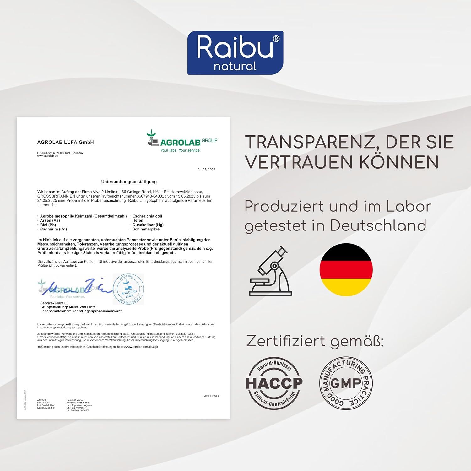 Zertifizierungsdokumente. Text: Agrolab, HACCP, GMP. Text: Produziert und getestet in Deutschland. Text: Raibu natural.