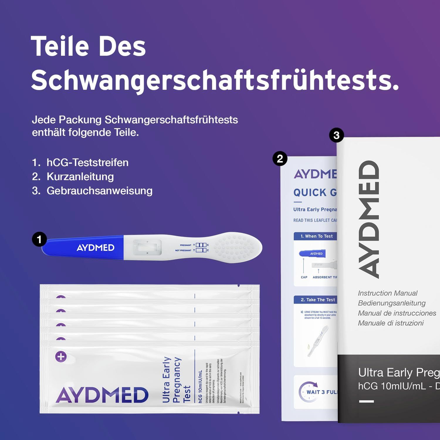 Komponenten eines Schwangerschaftsfrühtests: Teststreifen, Anleitung, Gebrauchsanweisung. Produktname und Logo.