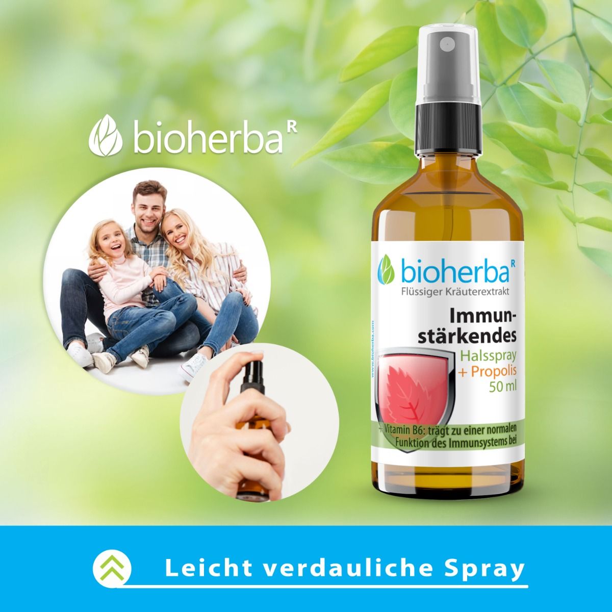Braune Flasche mit Sprühkopf. Etikett mit Produktnamen. Familie im Hintergrund, Hand sprüht.