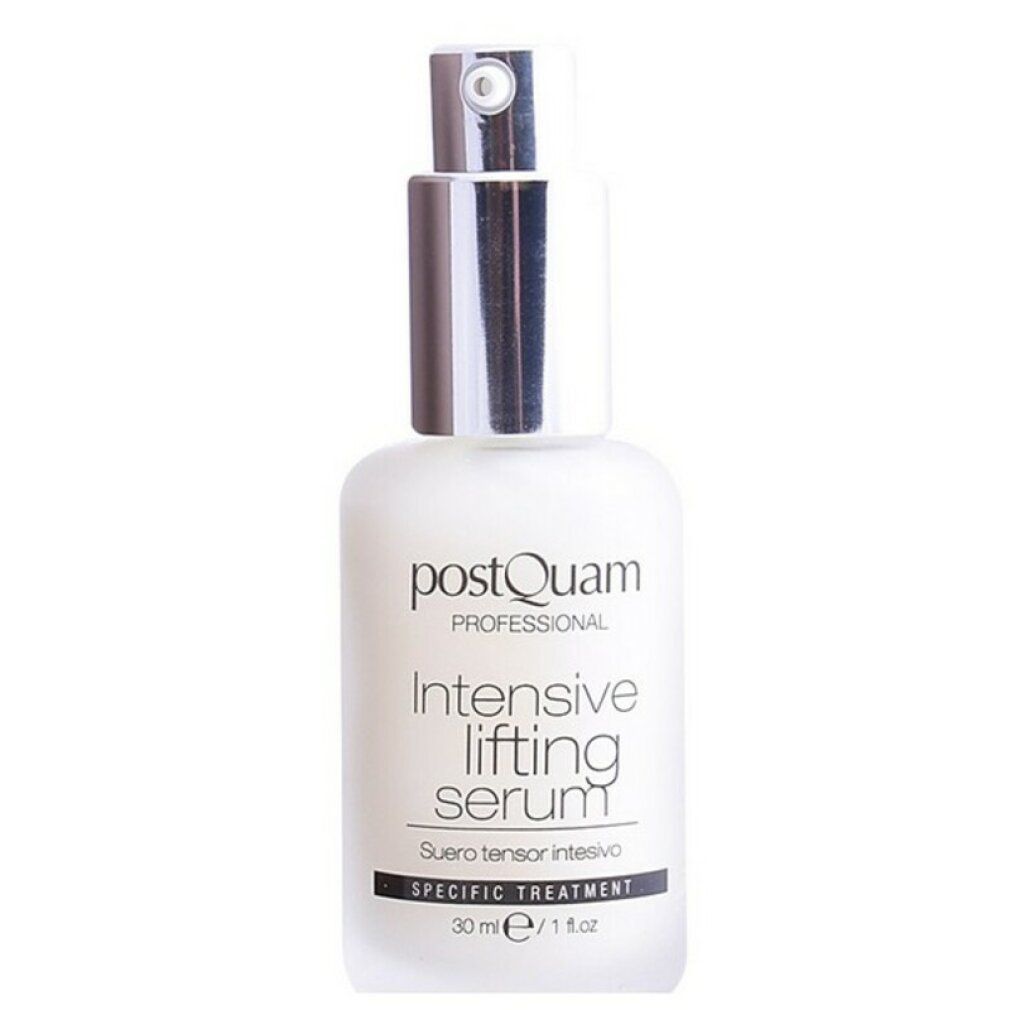 Weißes Serumfläschchen mit silbernem Sprühkopf. Beschriftung: PostQuam, Intensive Lifting Serum, Specific Treatment. 30 ml.