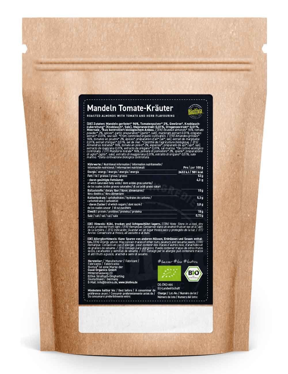Rückseite der Biotiva Mandeln Tomate-Kräuter Verpackung. Schwarzes Etikett mit Nährwertangaben und Zutatenliste. Bio-Siegel.