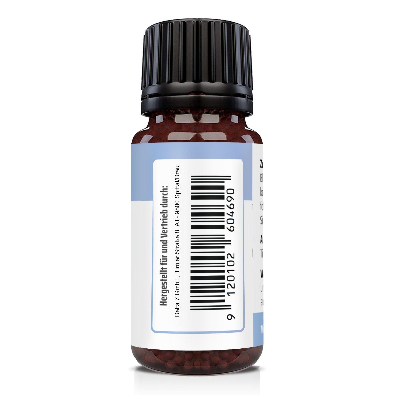 Braune Glasflasche mit schwarzem Deckel. Etikett mit Text: Hergestellt für und Vertrieb durch: Delta 7 GmbH, Barcode.