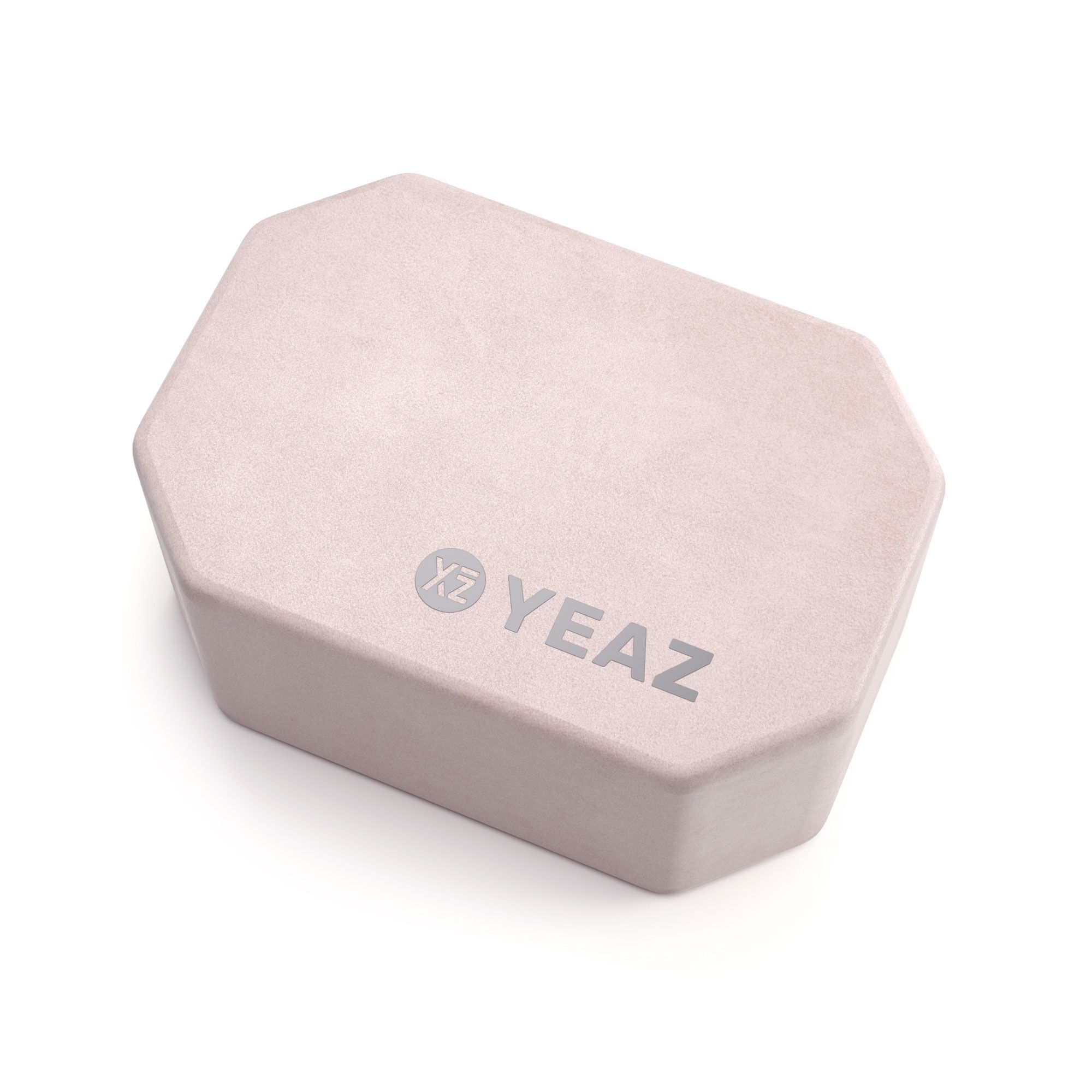 Beige Yoga-Block, achteckig, mit „YEAZ“-Logo. Ansicht von oben, leicht schräg.