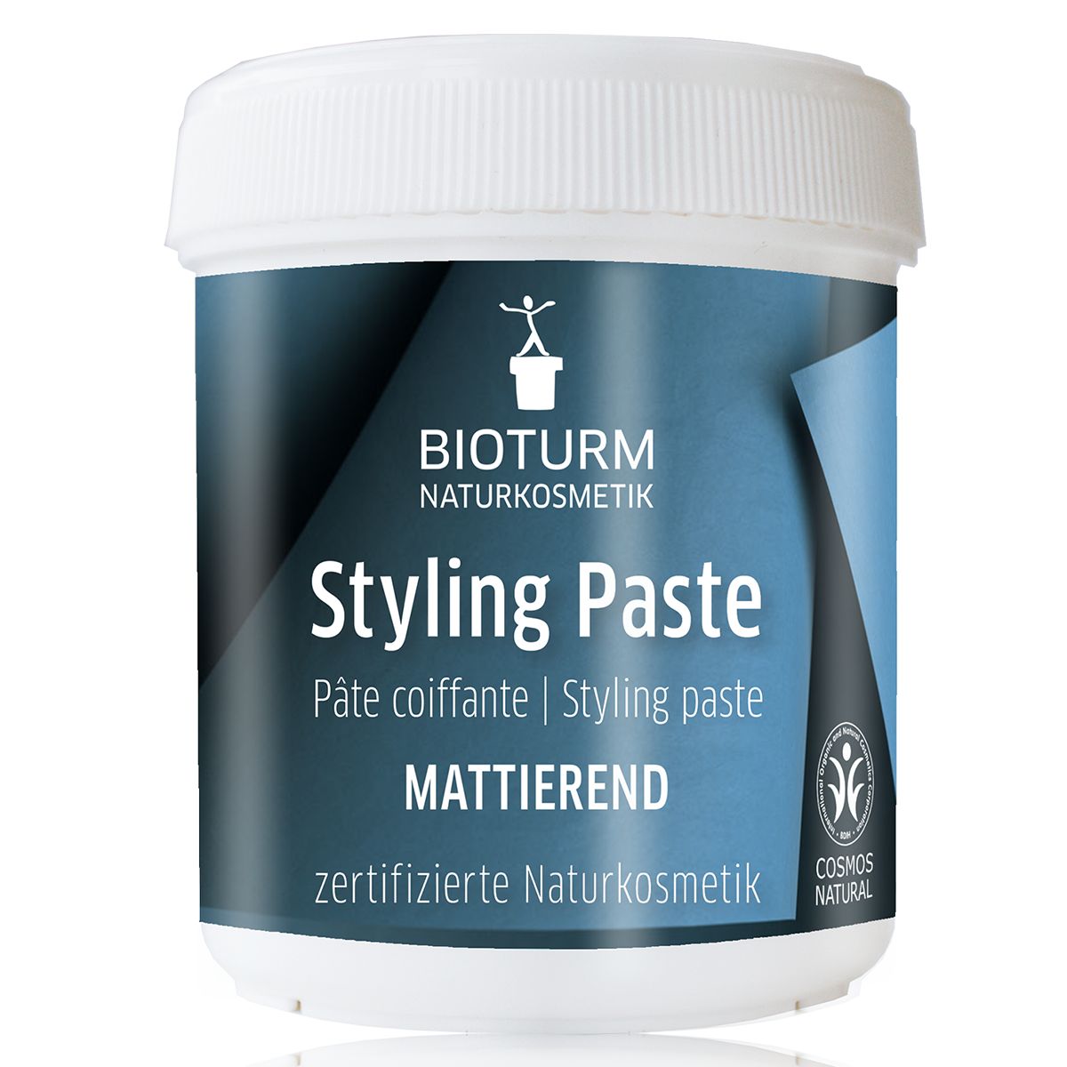 Bioturm Styling Paste in weißem Tiegel mit blauem Etikett. Zertifizierte Naturkosmetik.