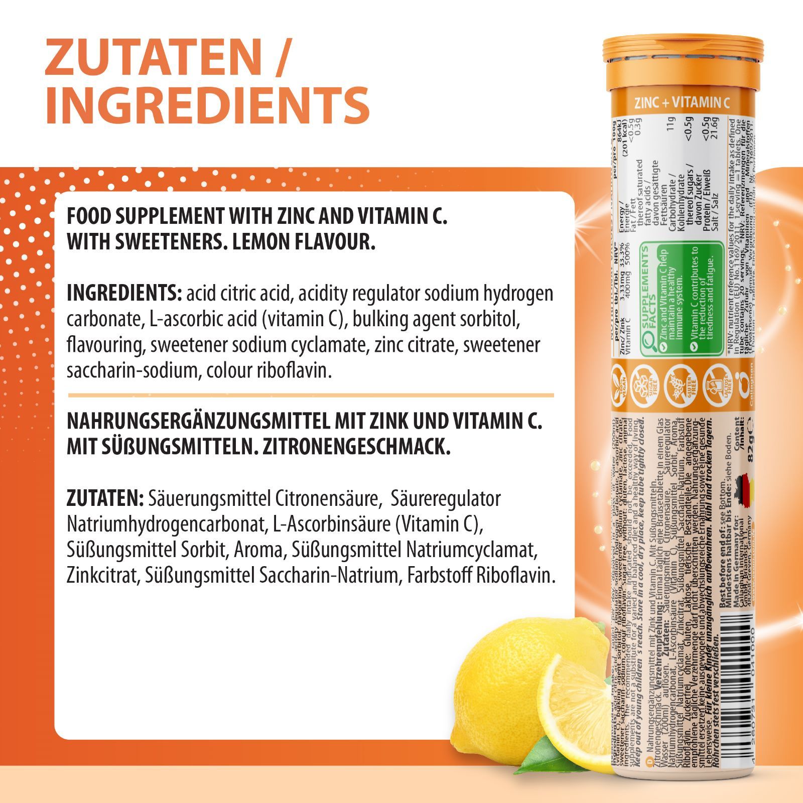 Detailansicht der Zutatenliste auf einer EVÄM Vitamin C + Zink Tube. Enthält Zitronengeschmack und Süßstoffe.