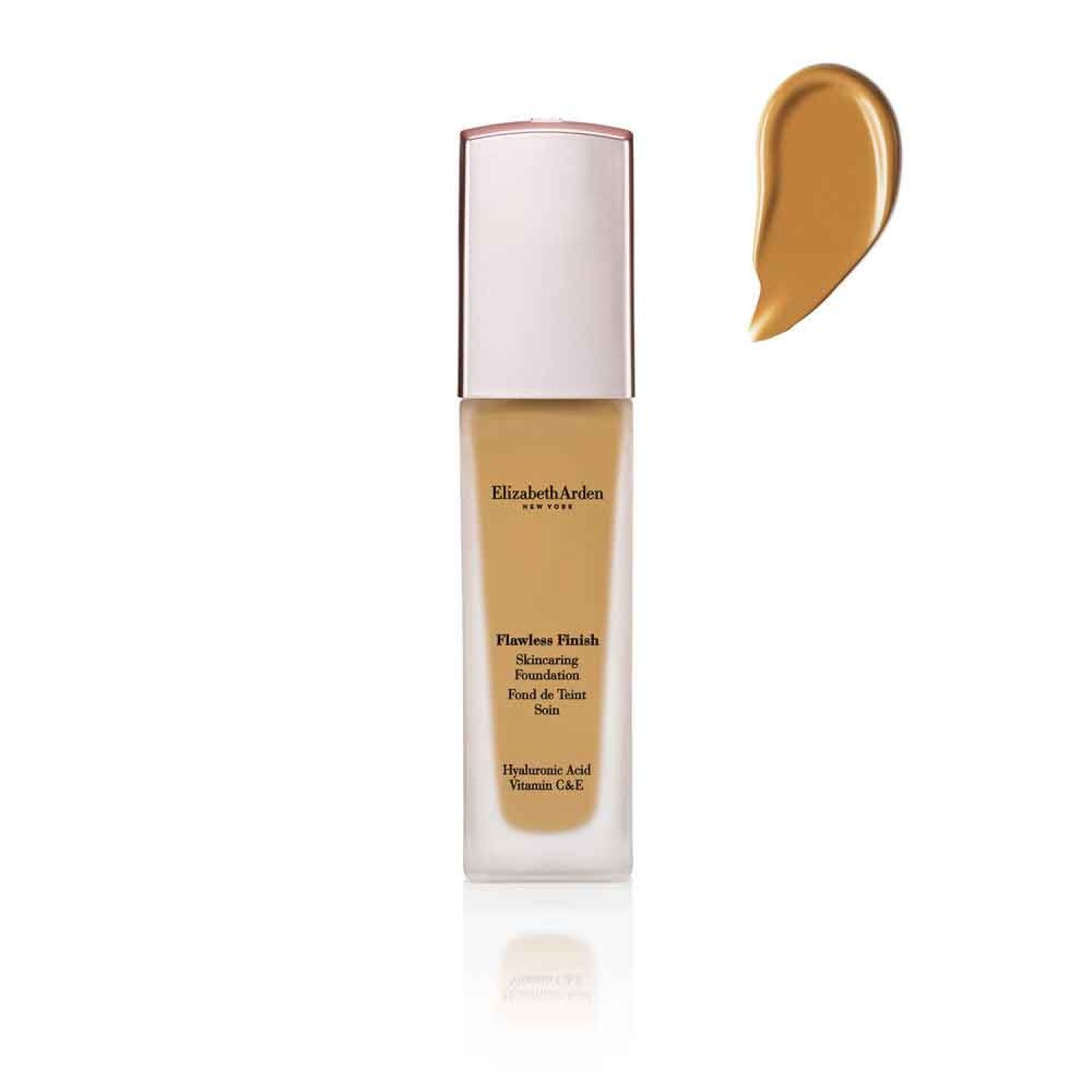Transparente Flasche mit Foundation, weißem Deckel und Farbklecks. Beschriftung: Elizabeth Arden, Flawless Finish.