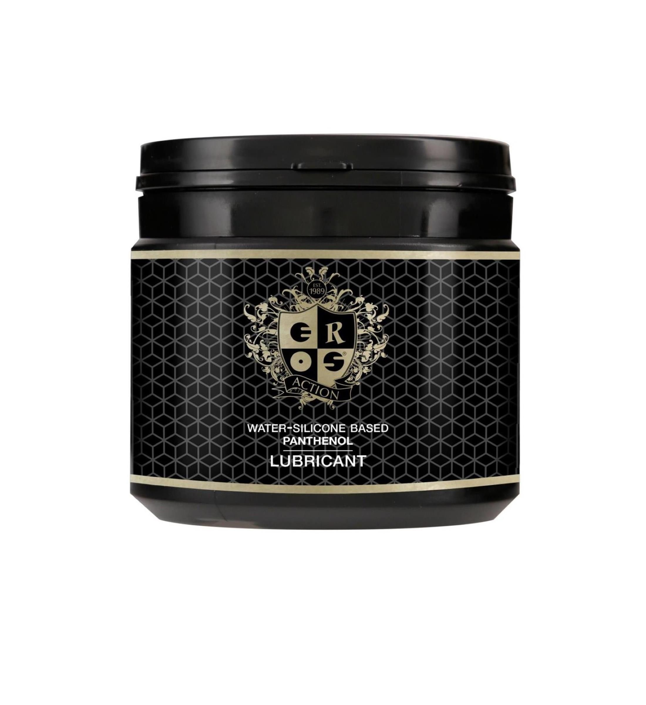 Schwarzer Behälter mit goldfarbenem Etikett. Text: EROS Action, Water-Silicone Based, Panthenol, Lubricant.