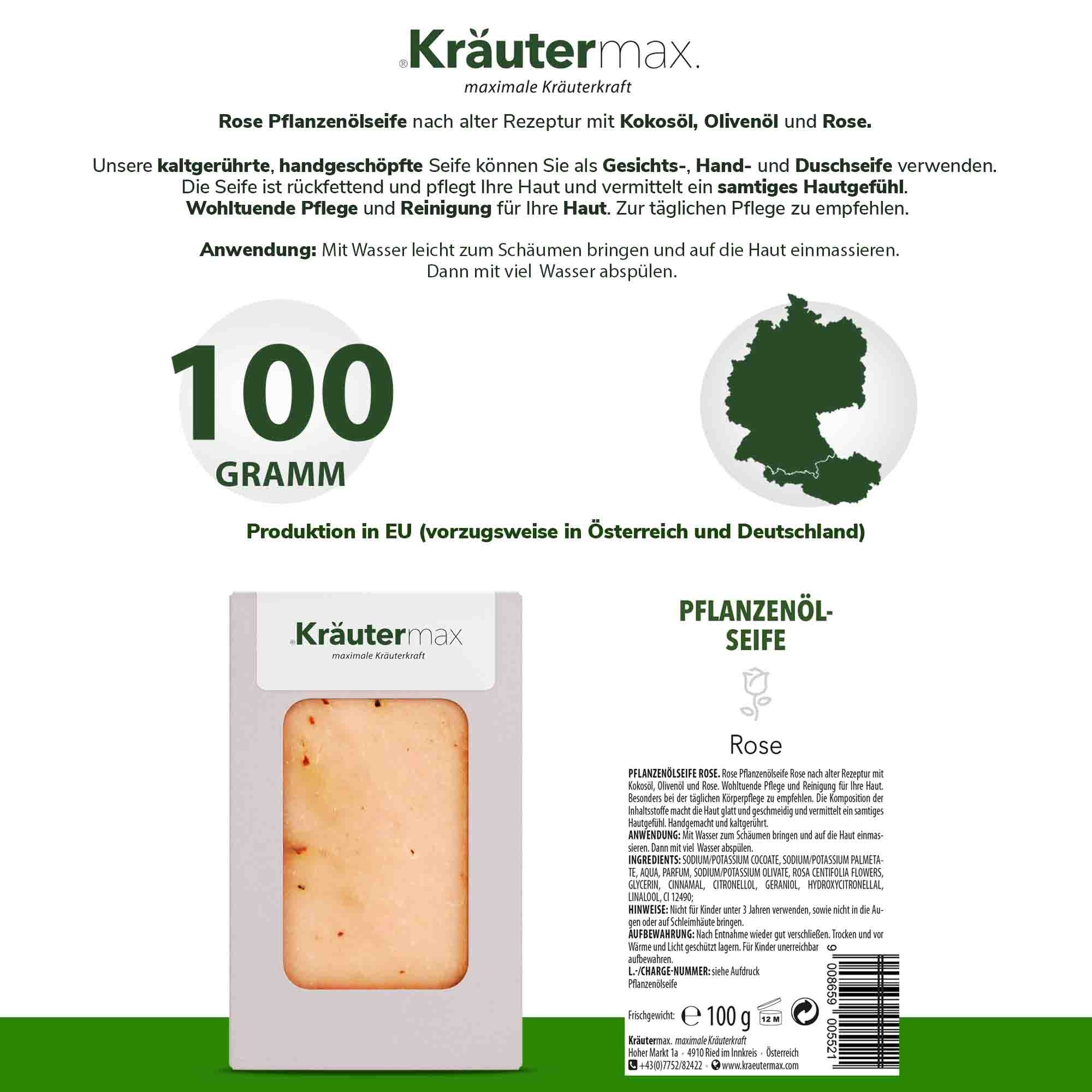 Verpackung der Pflanzenölseife Rose. Seife mit Kräutern, 100 Gramm. Text: 'Produktion in EU (vorzugsweise in Österreich und Deutschland)'.
