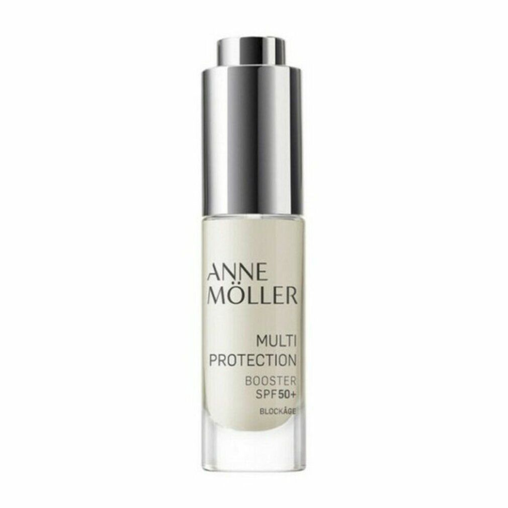 Serumflasche mit silbernem Verschluss. Aufschrift: Anne Möller Multi Protection Booster SPF 50+.