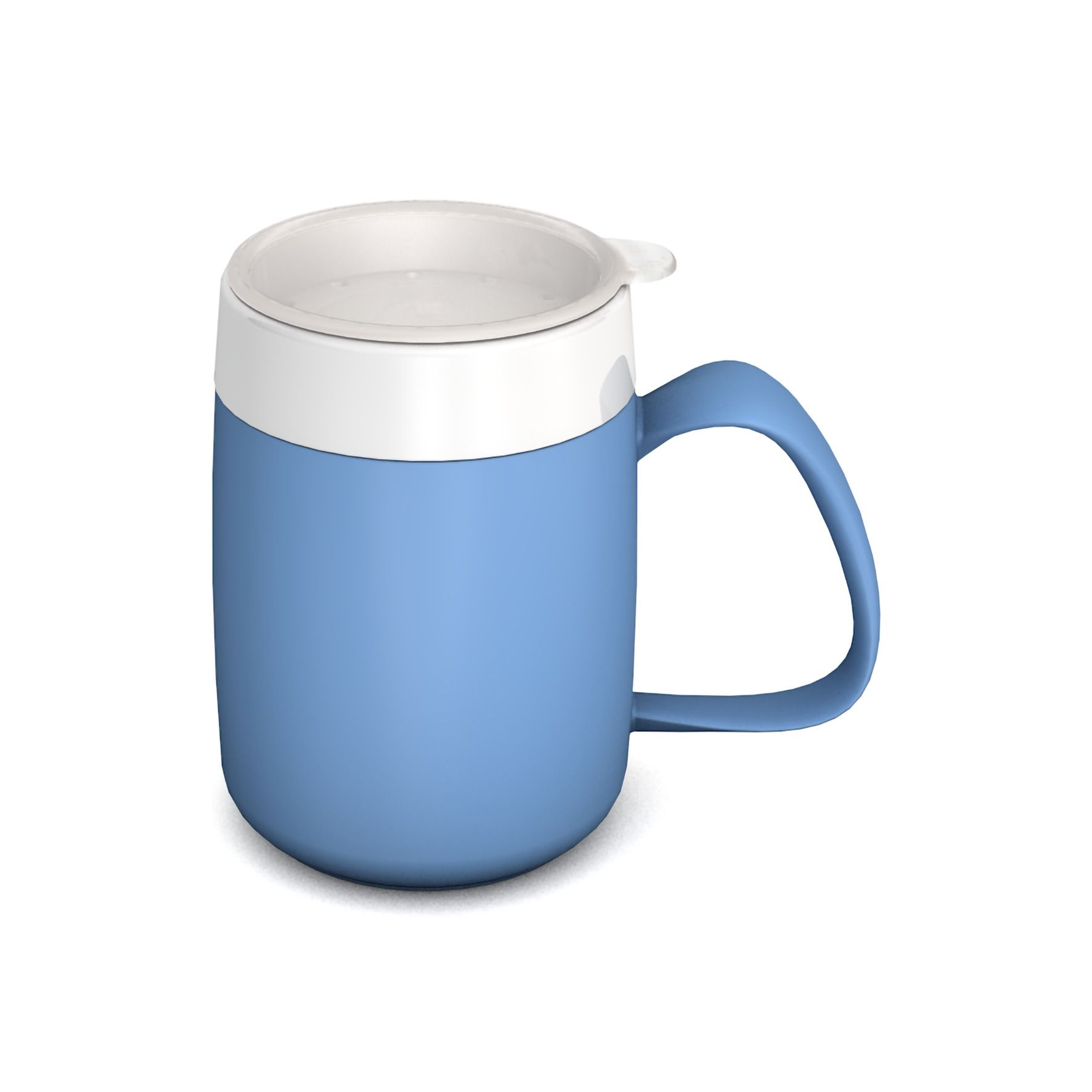 Blauer Becher mit großem Henkel und weißem Deckel. Der Henkel ist groß und gebogen.