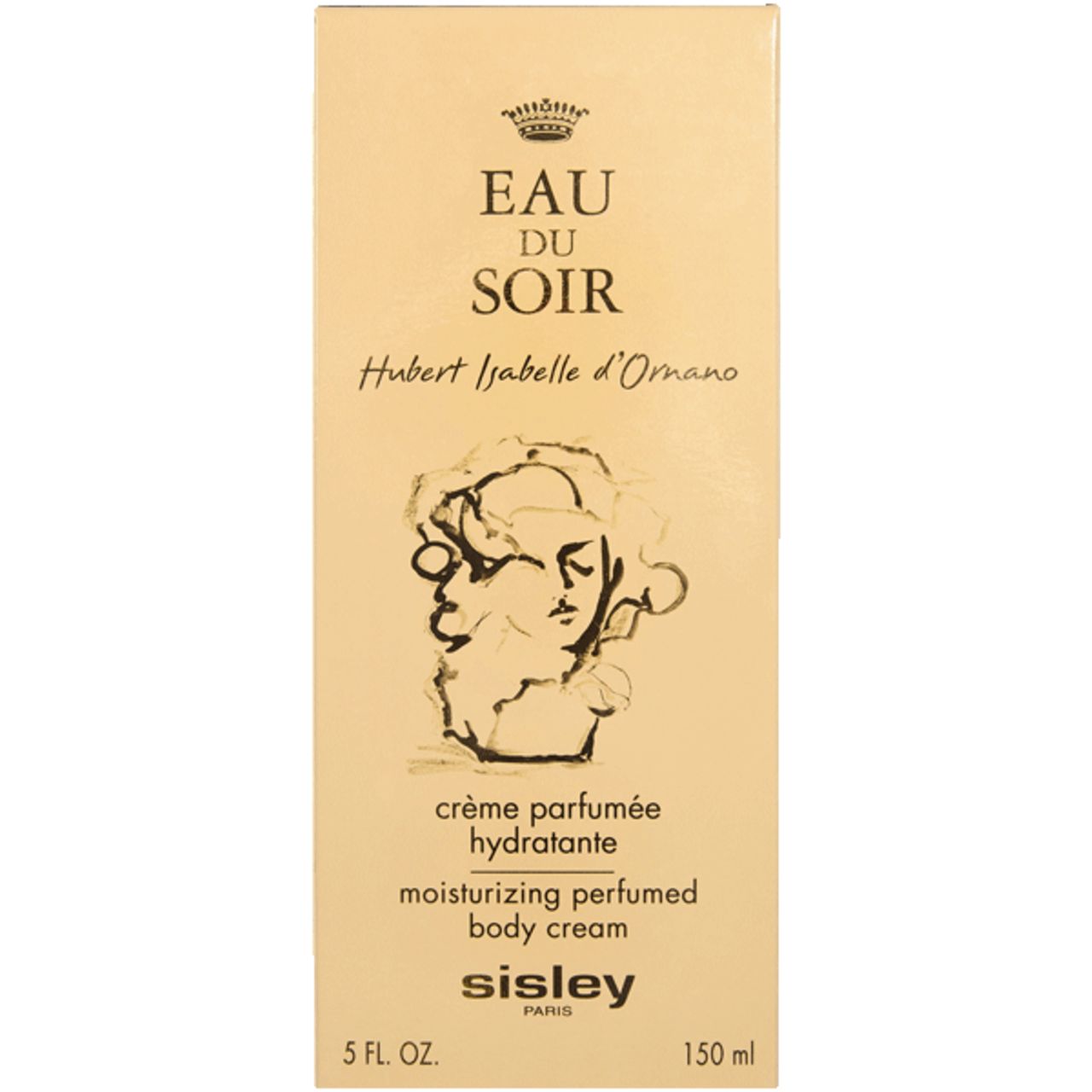 Kartonverpackung, beige. Aufschrift: Eau du Soir, Crème Parfumée Hydratante, Sisley. Mit Größenangabe.