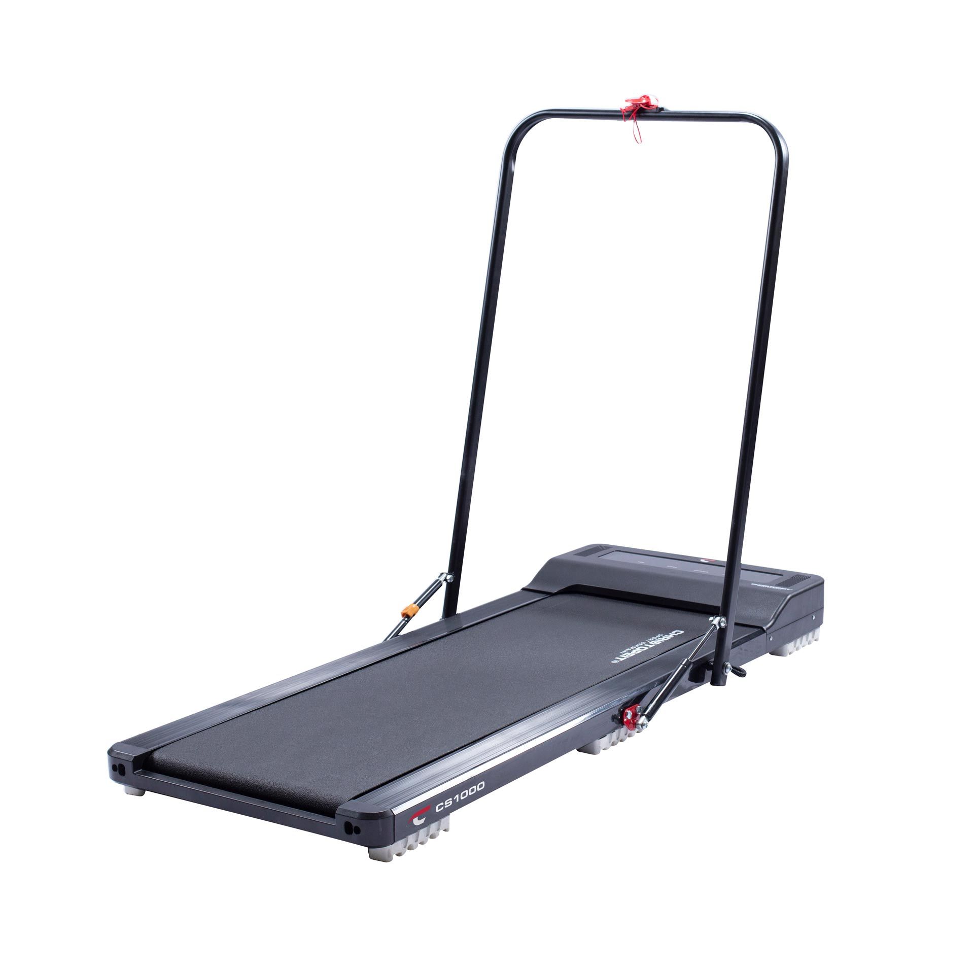 Schwarzes Laufband mit Haltegriff. CHRISTOPEIT SPORT CS 1000. Rote Akzente. Schwarze Lauffläche.
