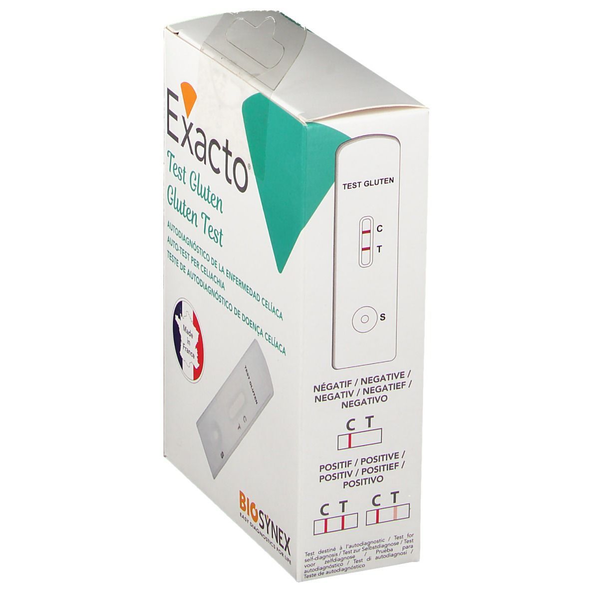 Exacto® Gluten Test-Verpackung mit Testergebnissen. Weißer Karton mit Produktnamen und Teststreifen. Ergebnisse: negativ/positiv.