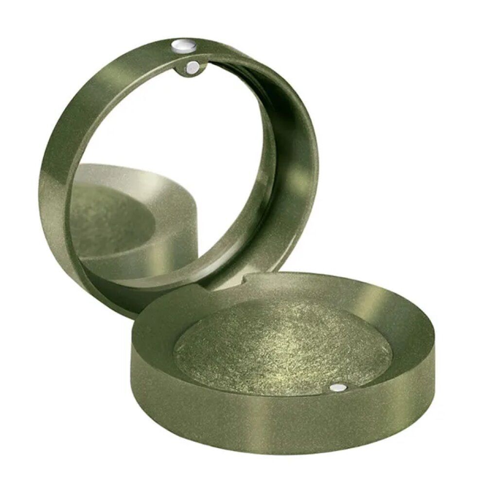 Runder, grüner Lidschatten-Behälter mit Spiegel. Offen, Lidschatten sichtbar. Kleiner, runder Behälter mit Spiegel.