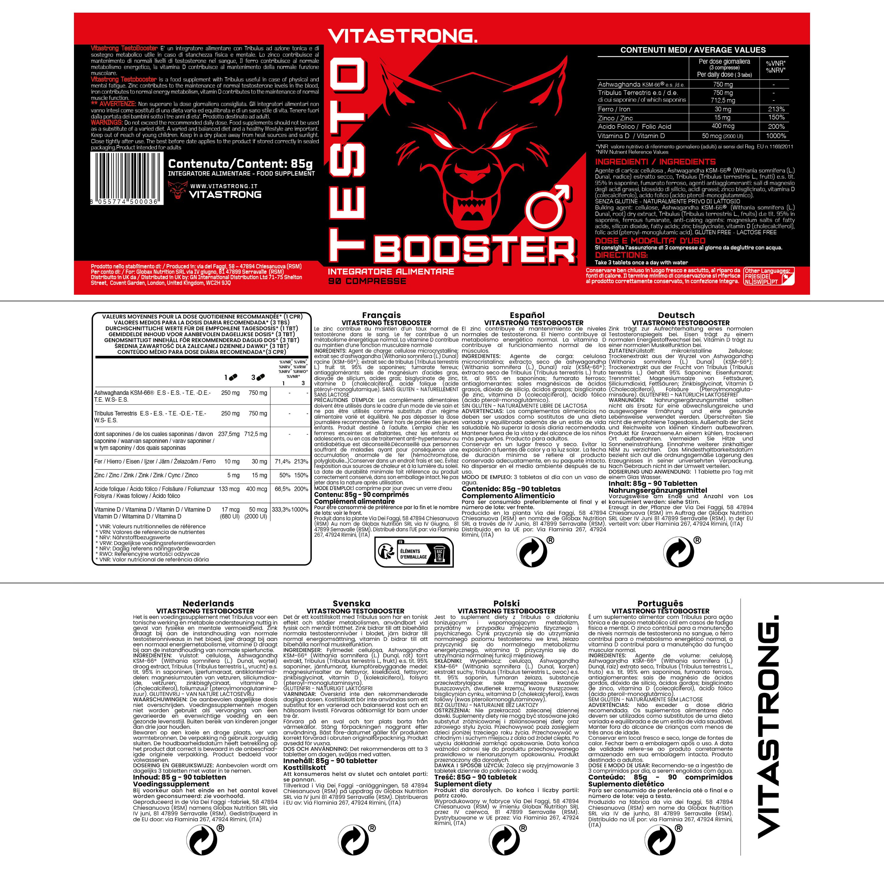 Vitastrong Testobooster Verpackung mit Nährwertangaben und Inhaltsstoffen in mehreren Sprachen.