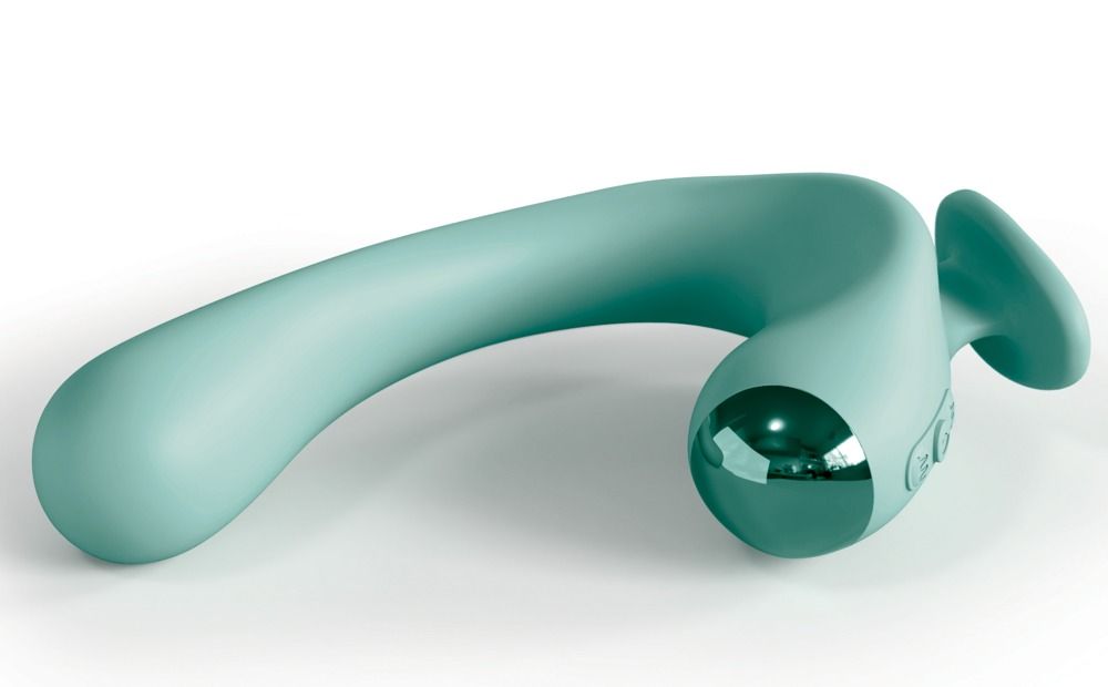 Türkisfarbener Vibrator mit gebogener Form, metallischer Spitze und Bedienknöpfen.