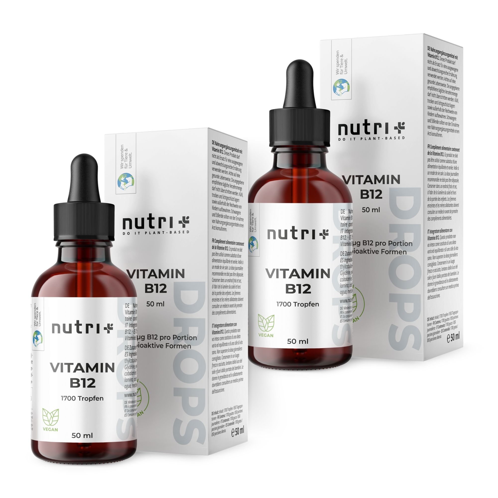 Zwei Flaschen Nutri+ Vitamin B12 Tropfen mit Kartons.