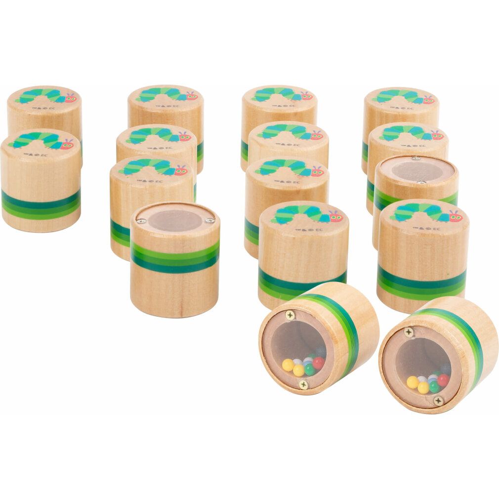 Holzzylinder mit Raupenmotiv und farbigen Streifen. Einige Zylinder sind geöffnet und zeigen Kugeln.