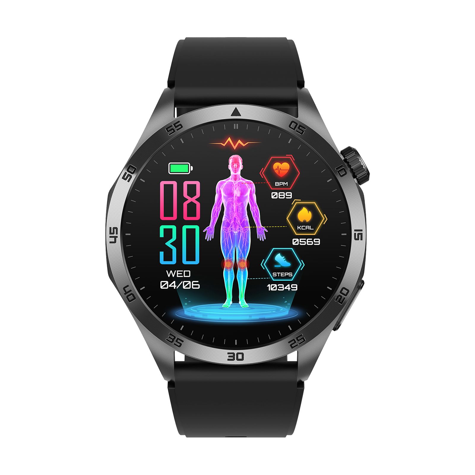 Smartwatch mit schwarzem Armband. Rundes Zifferblatt mit Gesundheitsdaten: Puls, Kalorien, Schritte. Anzeige von Datum und Uhrzeit.