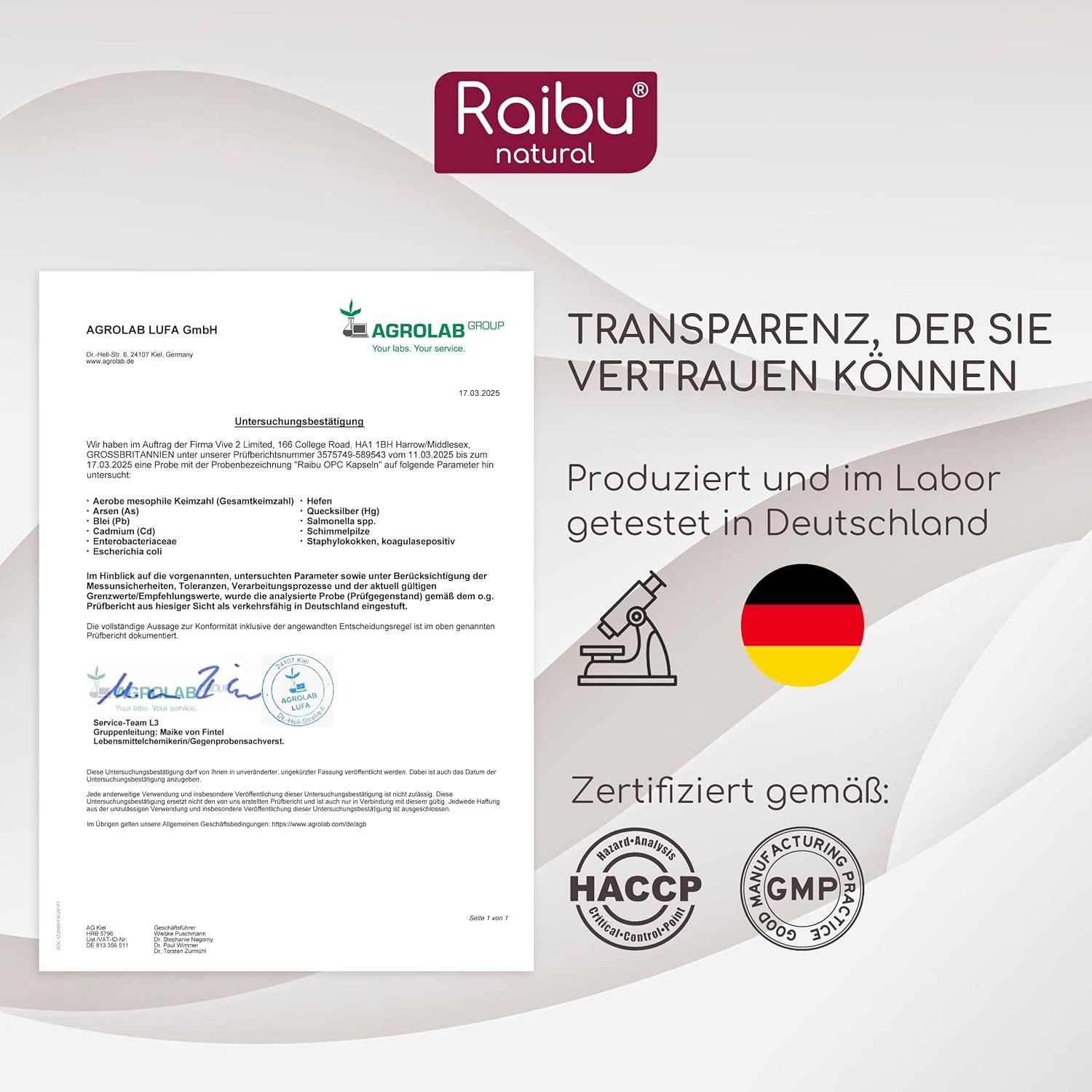 Zertifizierungsdokument mit Logo von Agrolab. Text: Transparenz, der Sie vertrauen können. Zertifiziert gemäß: HACCP, GMP.