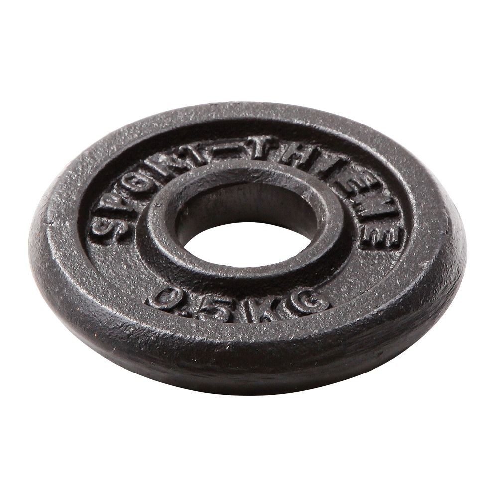 Hantelscheibe Gusseisen, schwarz, mit Loch. Schriftzug SPORT-THIEME und 0.5KG.