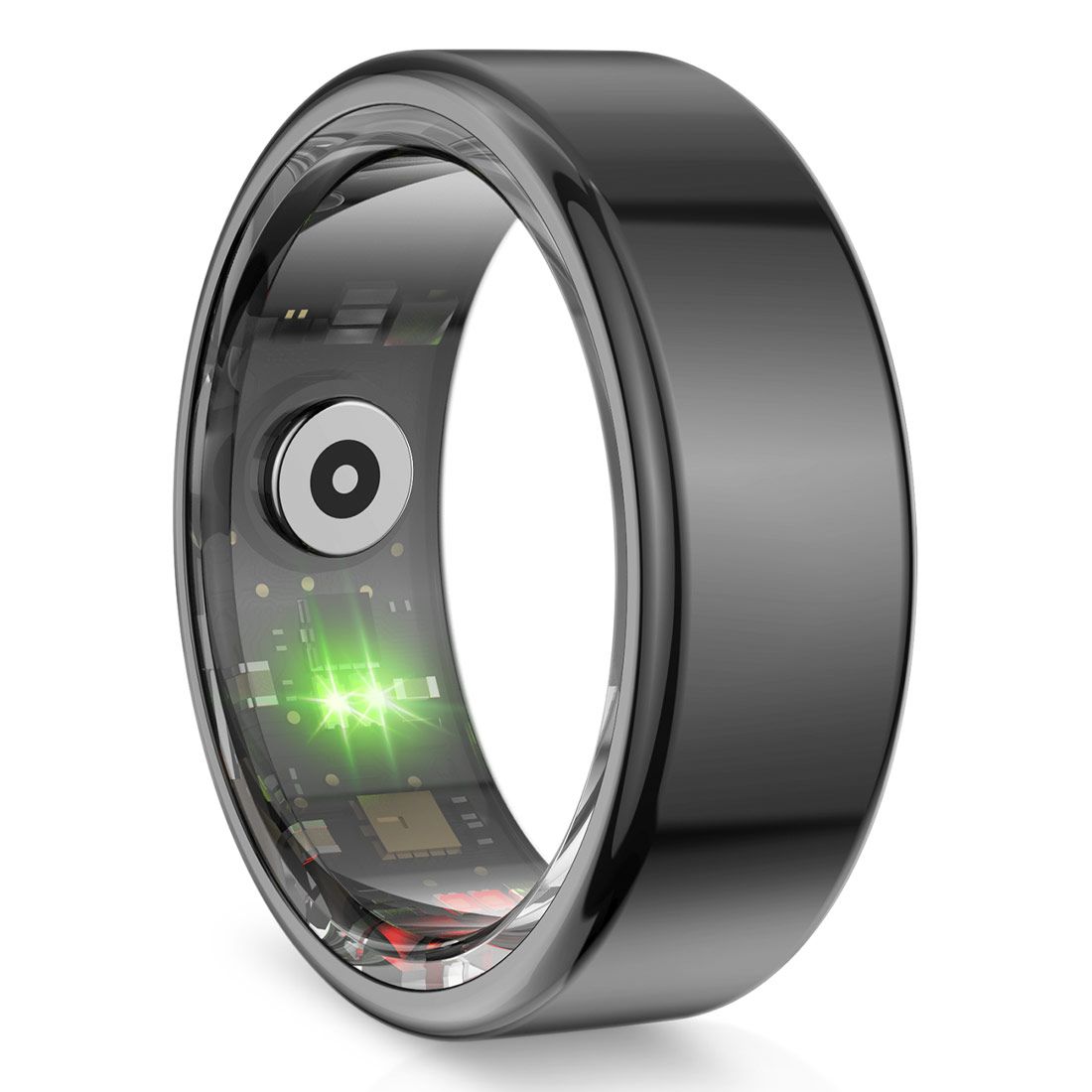 L'anello smart KSIX Saturn nero, un fitness tracker, mostra componenti elettronici interni e una luce verde. L'anello lucido ha una forma circolare.